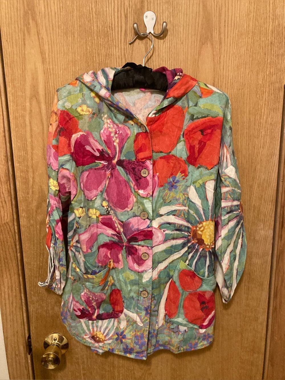Claire Desjardins Linen Floral Statement Button Up Hooded Top Size XS